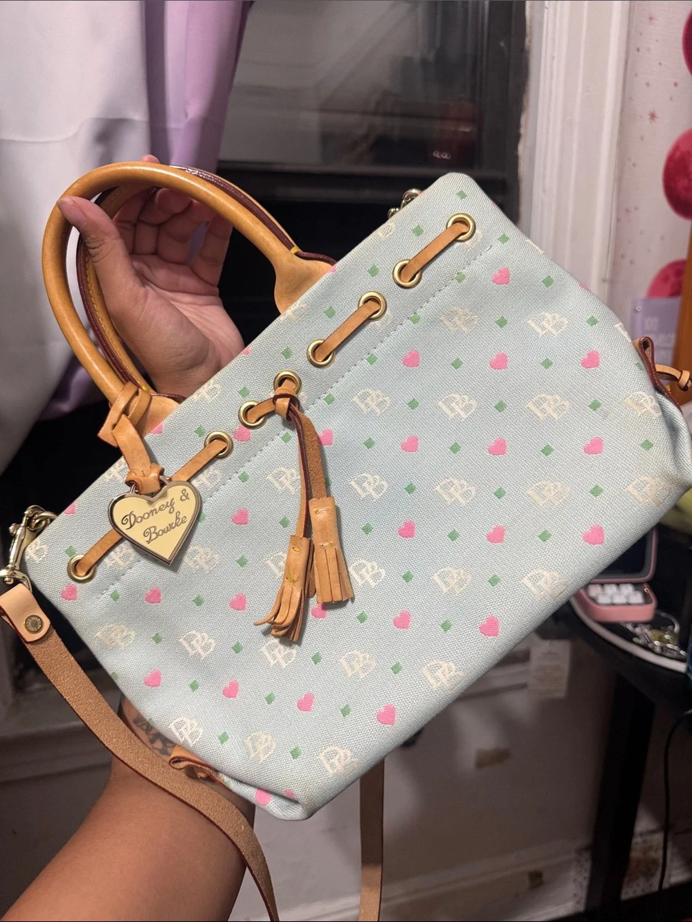 Dooney & Bourke light blue heart print satchel & crossbody